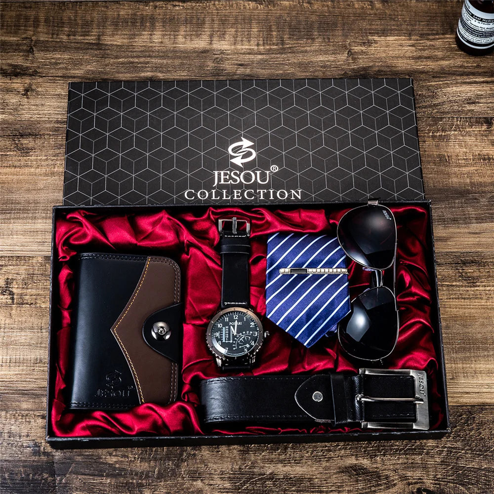 Coffret cadeau homme  – Montre quartz, lunettes, portefeuille, cravate, ceinture, cadeau pour papa ou petit ami