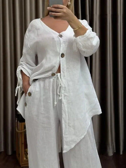 Ensemble Femme 2 Pièces – Cardigan Col V à Boutons & Pantalon Large, Style Décontracté Chic