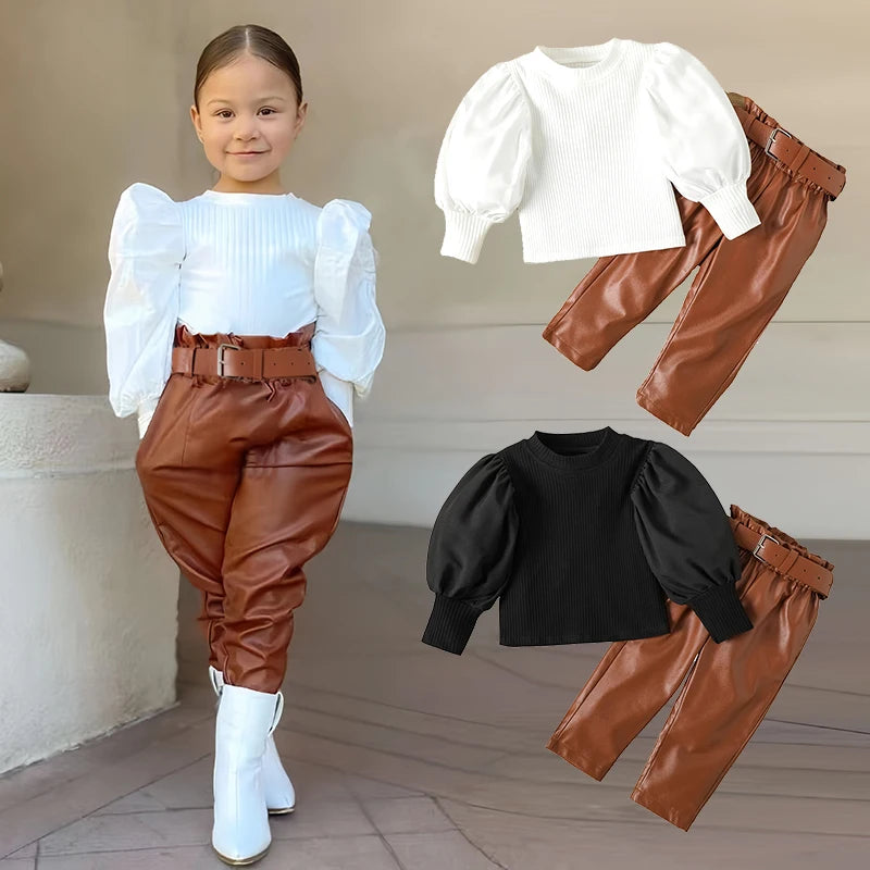 Ensemble fille 2 pièces – chemisier côtelé & pantalon cuir PU avec ceinture (1‑6 ans)