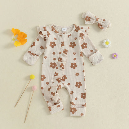 Ensemble bébé fille 2 pièces : combinaison florale à manches longues + bandeau .