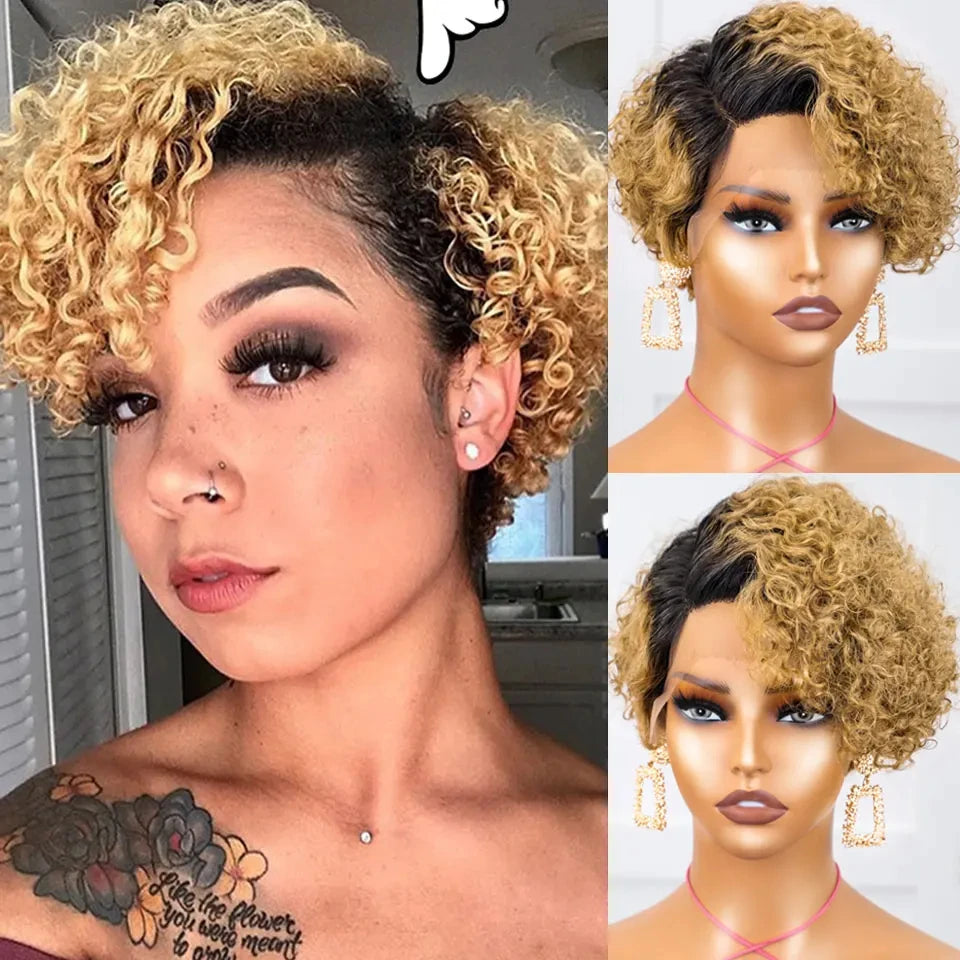 oedir Perruque Courte Bob Lutin Bouclée Ombre Blonde – 100% Cheveux Humains Brésilien Remy avec Lace Front