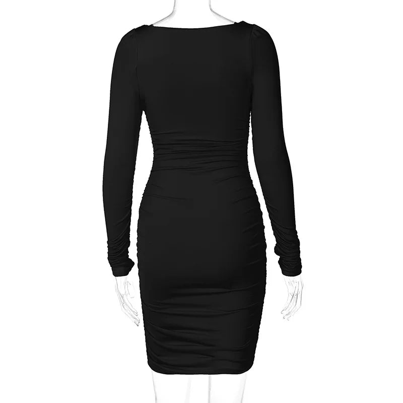 Robe moulante femme – mini, col carré, manches longues, unie, sexy soirée/club