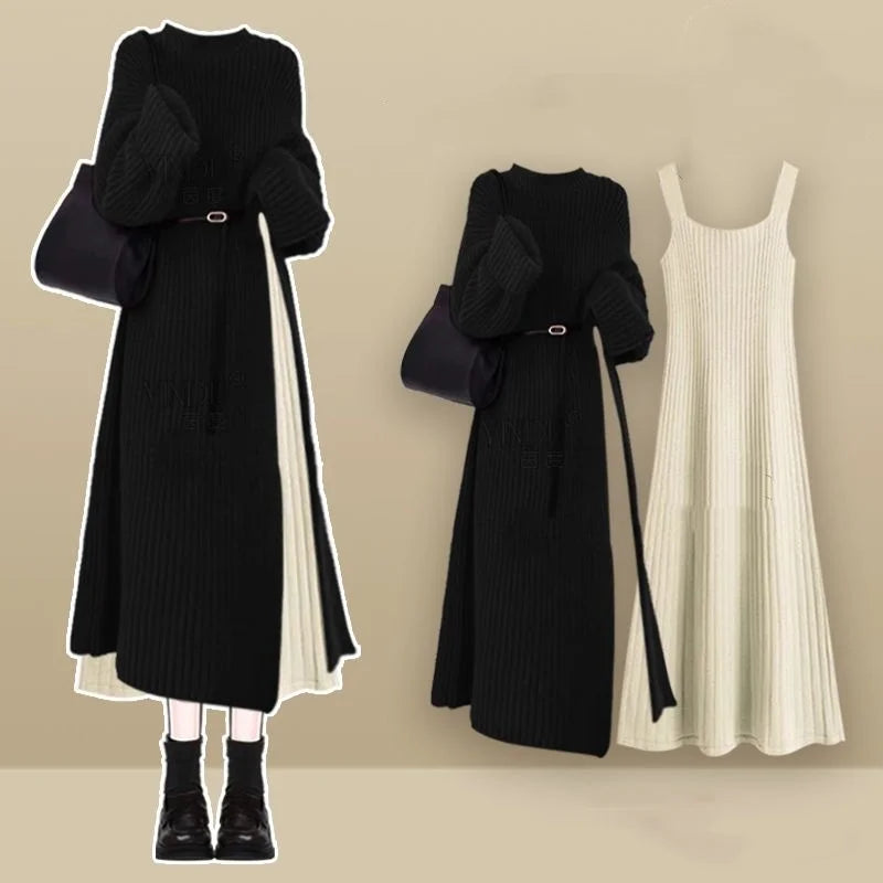 Ensemble femme 2 pièces robe à bretelles et pull fendu