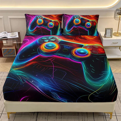 Ensemble 2 pièces imprimé 3D : 1 drap-housse + taie d'oreiller. –manette de jeu, déco chambre