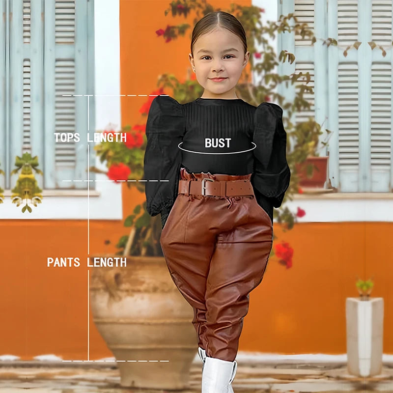 Ensemble fille 2 pièces – chemisier côtelé & pantalon cuir PU avec ceinture (1‑6 ans)