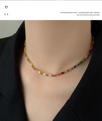 Ensemble bijoux femme luxe, chaîne zircon coloré, collier & bracelet, style coréen .