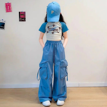 Pantalons cargo amples fille 5-14 ans, jambes larges, poches, mode printemps .