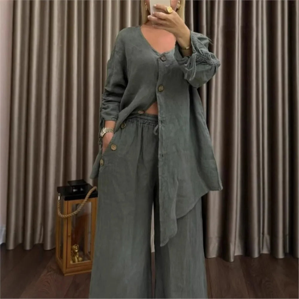 Ensemble Femme 2 Pièces – Cardigan Col V à Boutons & Pantalon Large, Style Décontracté Chic