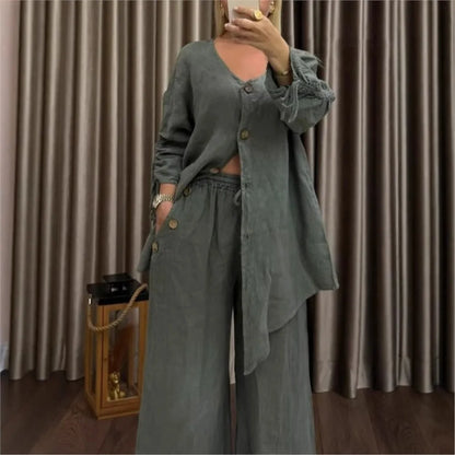 Ensemble Femme 2 Pièces – Cardigan Col V à Boutons & Pantalon Large, Style Décontracté Chic