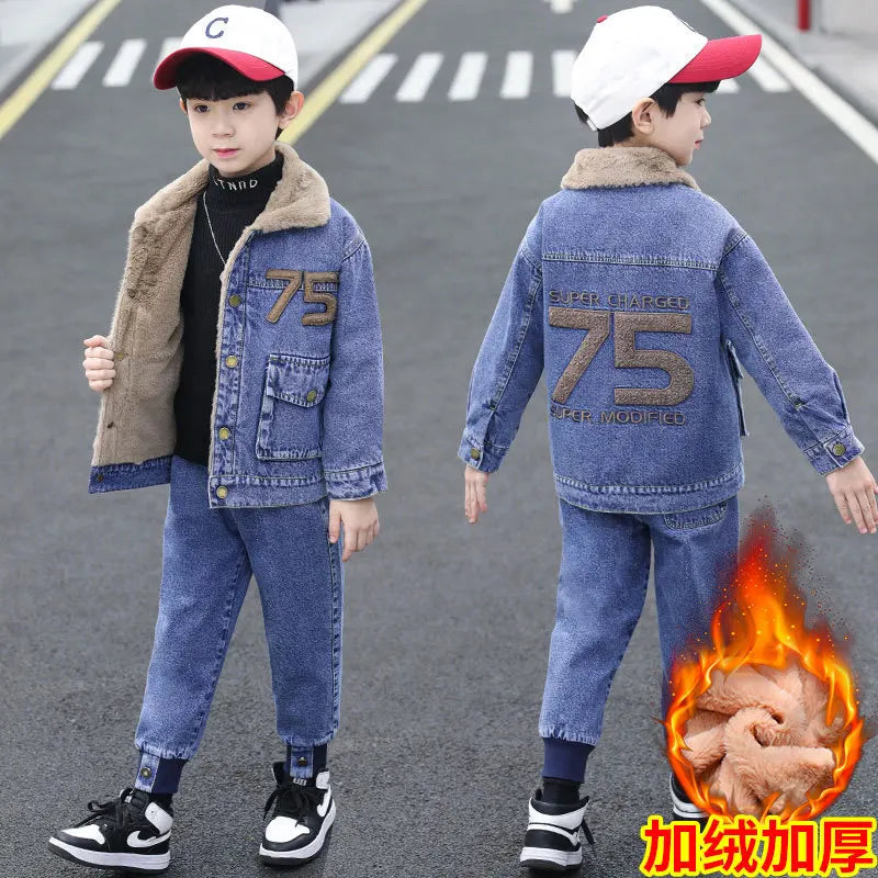 Vêtements enfants ado – Ensemble manteau fourré + jean, école, saison froide