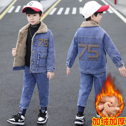 Vêtements enfants ado – Ensemble manteau fourré + jean, école, saison froide