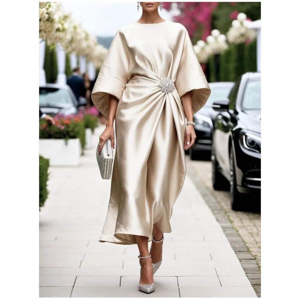 Robe Élégante Décontractée – Satin Perlé, Manches Courtes, Look Banlieue Tendance