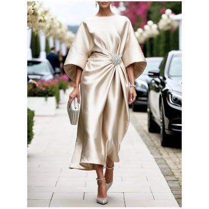 Robe Élégante Décontractée – Satin Perlé, Manches Courtes, Look Banlieue Tendance