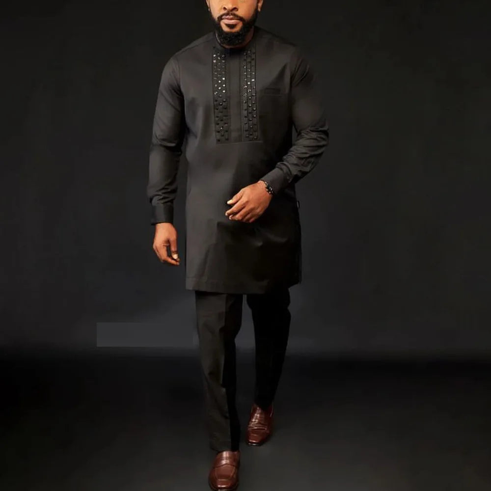 Ensemble africain homme de 2 pièces, chemise manches longues, pantalon, été .