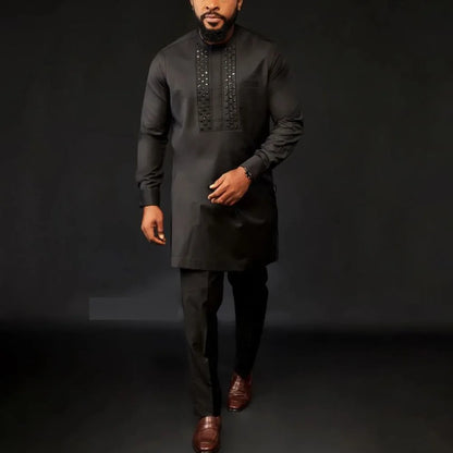 Ensemble africain homme de 2 pièces, chemise manches longues, pantalon, été .