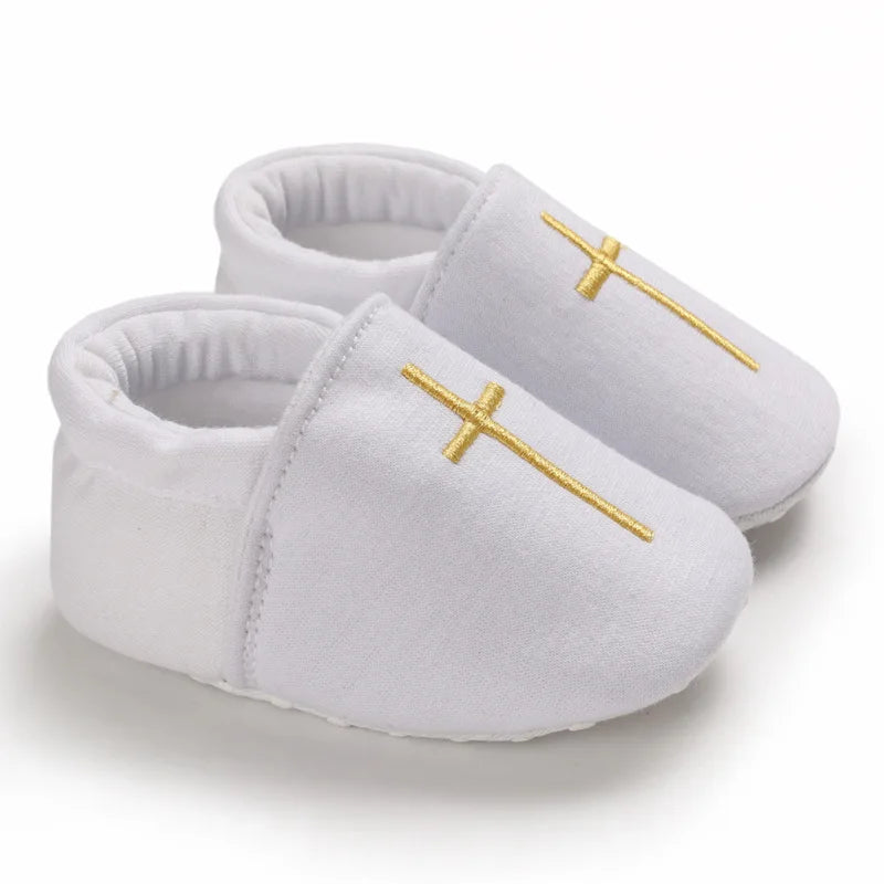 Chaussures bébé baptême – Blancs, semelle croisée, premiers pas, garçon et fille