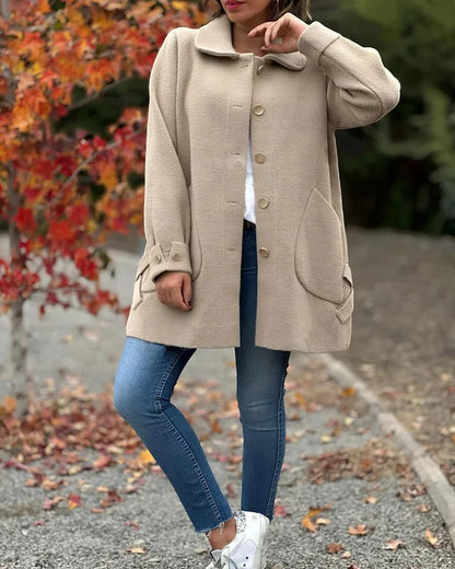 Veste Femme Automne-Hiver – Pardessus Décontracté à Revers, Couleur Unie avec Poches Chic