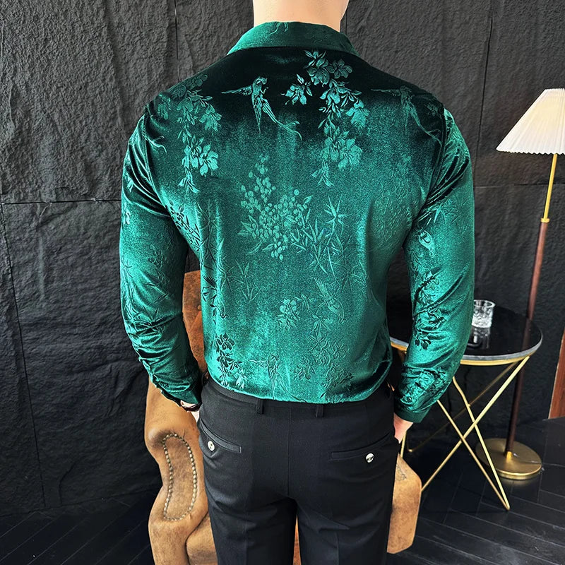 Chemise homme luxe en velours, slim, décontractée pour mariage, anniversaire .