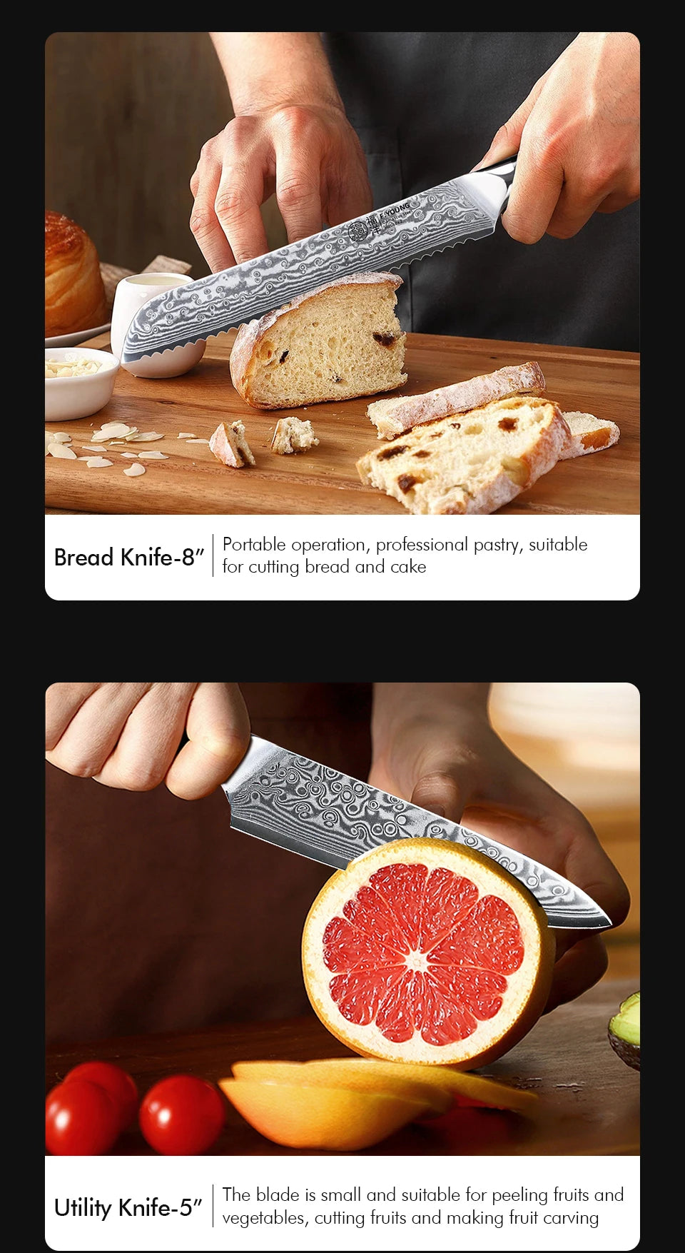 Couteau de cuisine professionnel F.YOUNG – acier Damas, chef japonais & sashimi