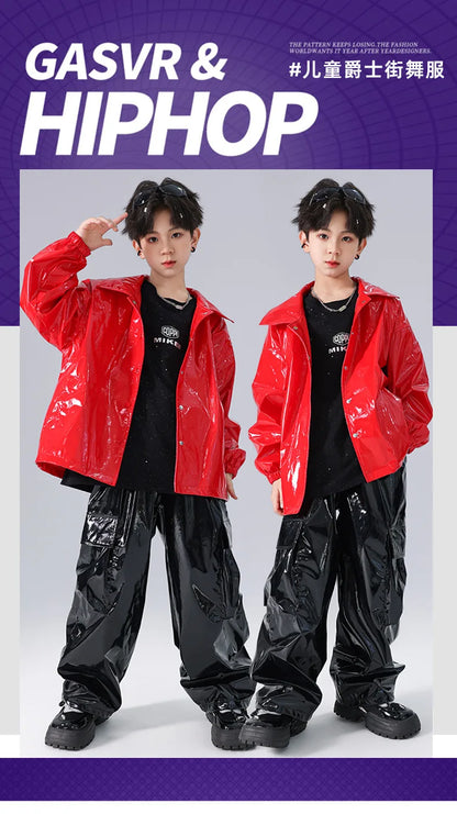 Costume Danse Jazz Garçon Filles, Pantalon Cuir Brillant Rouge, Streetwear Hip Hop Scène .