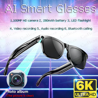 Lunettes Intelligentes 2025 4K HD AI, Bluetooth, Appels, Lampe LED, Assistant Vocal, Batterie 260mAh .