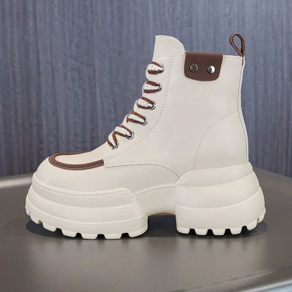 WOIZGIC bottines femmes en cuir véritable, style britannique à lacets, fourrure chaude automne/hiver, chaussures montantes confortables