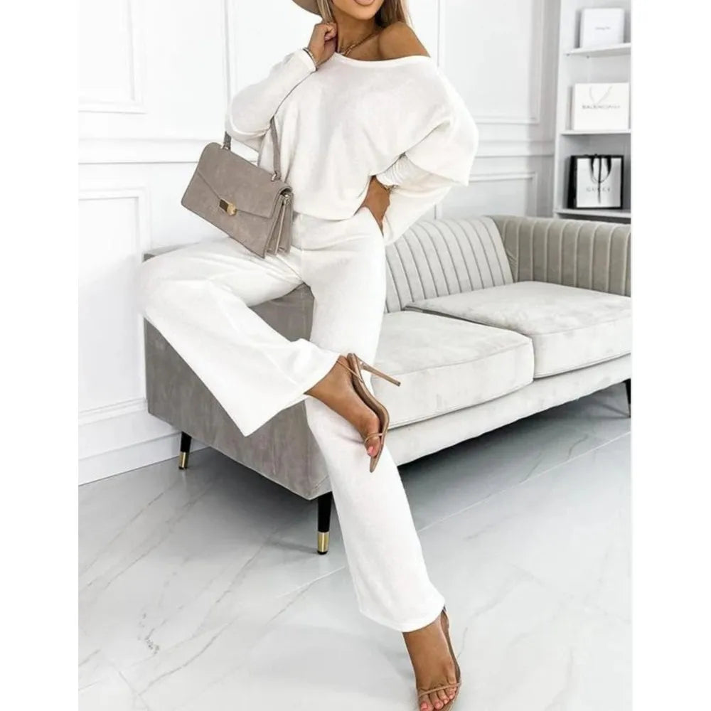 Ensemble Femme 2 Pièces – Pull Manches Longues & Pantalon Décontracté Couleur Unie Chic