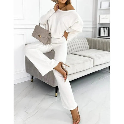 Ensemble Femme 2 Pièces – Pull Manches Longues & Pantalon Décontracté Couleur Unie Chic