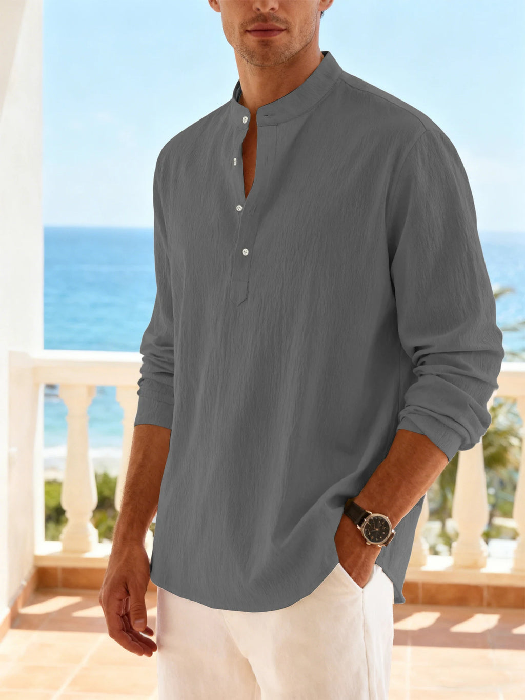 Chemise plage homme col Henley – Manches longues, légère et respirante, style vacances décontracté