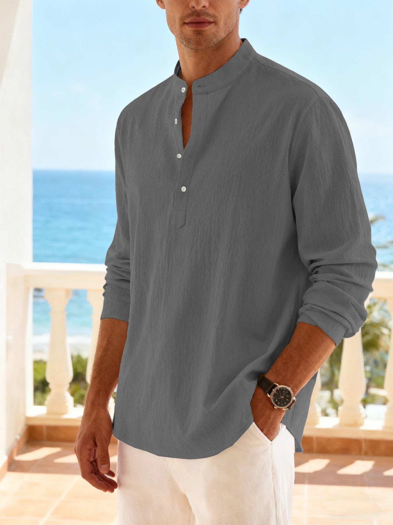 Chemise plage homme col Henley – Manches longues, légère et respirante, style vacances décontracté