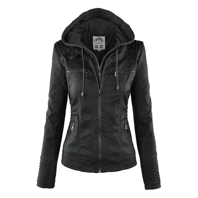Veste Gothique en Simili Cuir PU pour Femme – Manteau à Capuche Noir, Veste Moto Chaude pour Automne et Hiver, Vêtements d'Extérieur Stylés