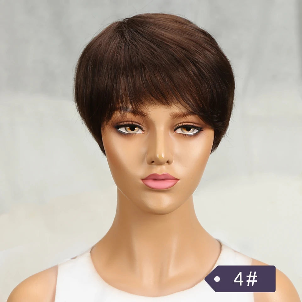 Perruque femme cheveux humains –, courte, raide, frange, Remy, style élégant