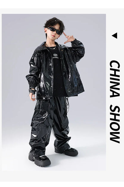 Costume Danse Jazz Garçon Filles, Pantalon Cuir Brillant Rouge, Streetwear Hip Hop Scène .