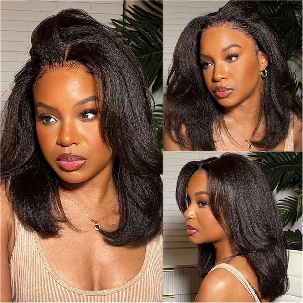 Perruque courte Bob femme – Synthétique Yaki, Lace Front, pré-épilée, droit, doux, baby hair, sans colle, 18"