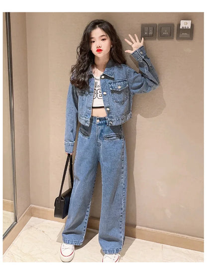 Pantalon Denim Jambes Larges Filles, Style Coréen, Printemps/Automne , 2 Pièces .