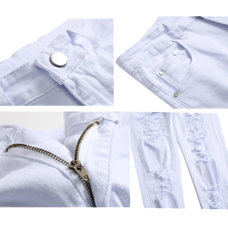 Jean Homme Destroy Droit, Pantalon Denim Blanc Grande Taille 28-42, Marque Mode .