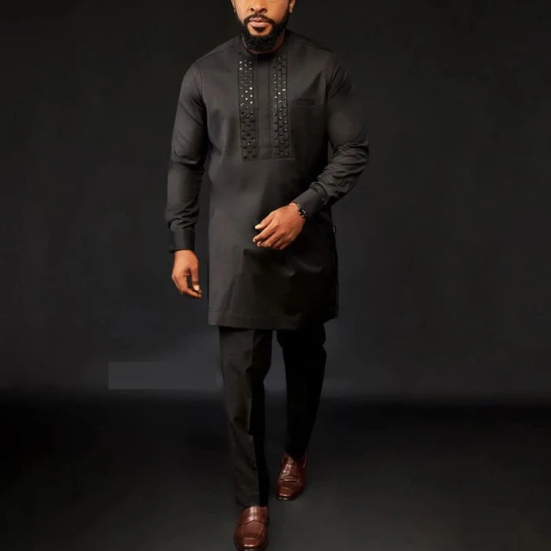 Ensemble africain homme de 2 pièces, chemise manches longues, pantalon, été .