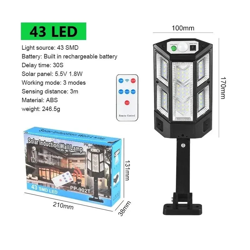 Lampe solaire extérieure LED 9900lm étanche IP65, détecteur mouvement, 4 modes