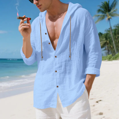 Chemise Homme Lin Ample – Manches Longues, Cardigan Capuche décontractée, Tendance Plage, Automne