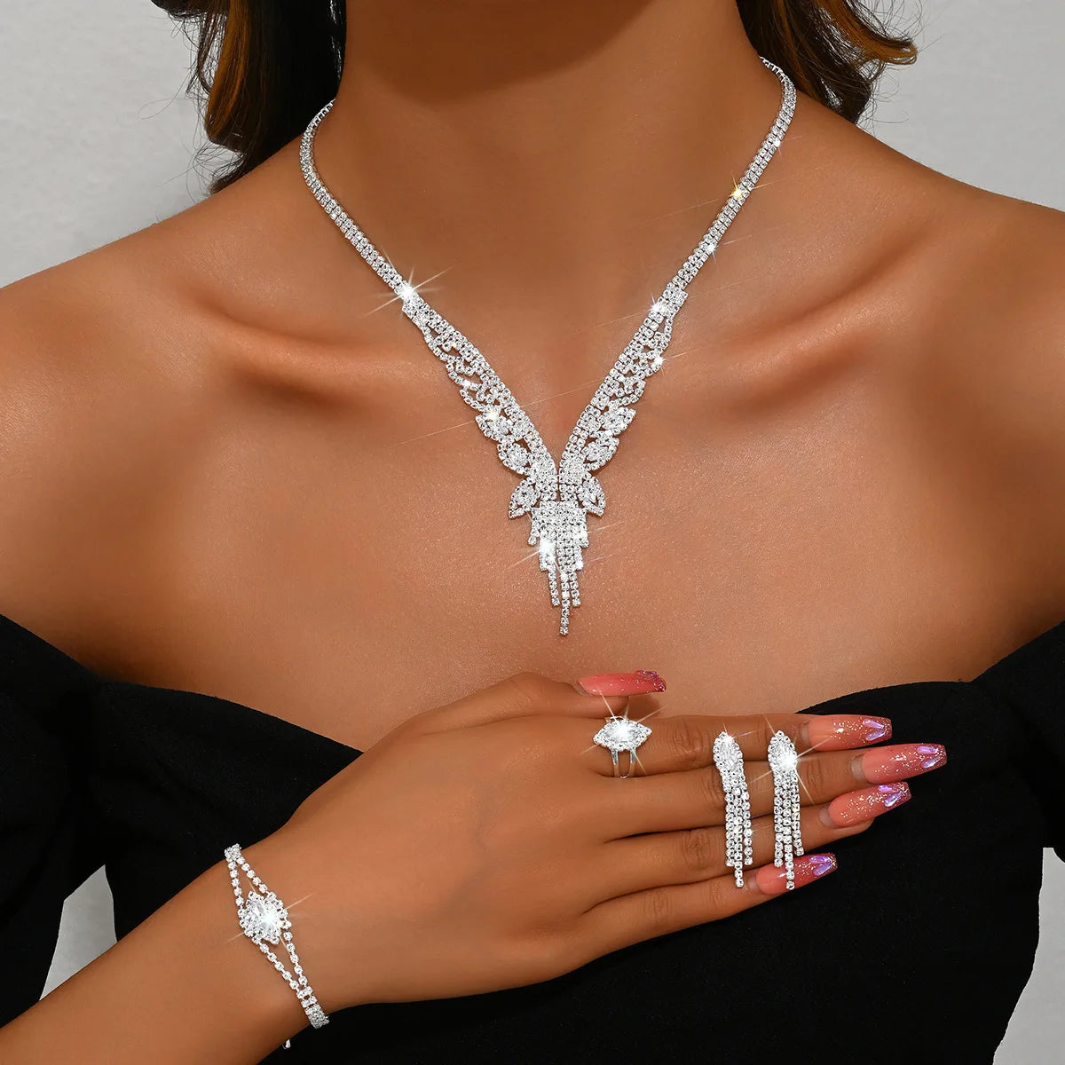 Ensemble Bijoux Femme 5 Pièces – Collier à Pampilles, Bague, Boucles d’Oreilles & Bracelet, Mariage ou Fête