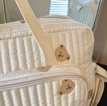 Sac à couches pour maman, coton beige, motif ours, fermeture éclair