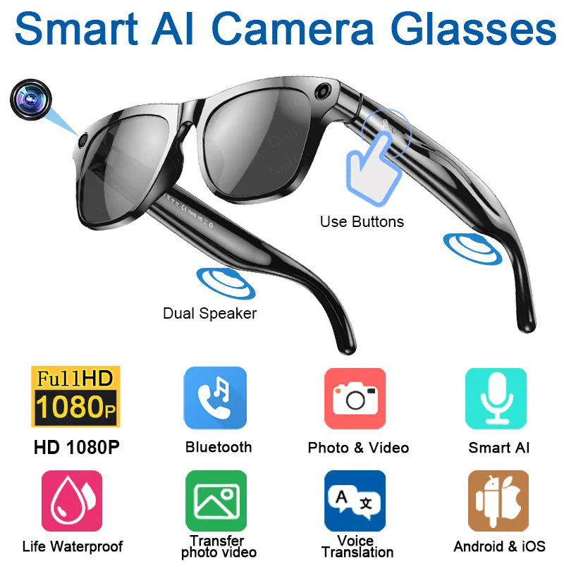 Lunettes Intelligentes 2025 4K HD AI, Bluetooth, Appels, Lampe LED, Assistant Vocal, Batterie 260mAh .