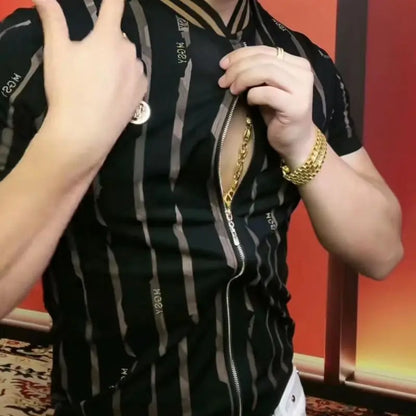 T-shirt Été Homme Cardigan Fermeture Éclair – Manches Courtes, Col Rond, Pull Haut Fin, Mode Tendance Nouvelle Collection