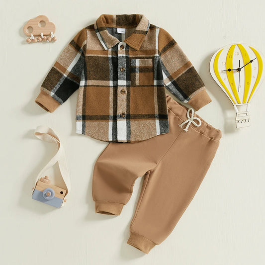 Ensemble automne bébé garçon 1-5 ans, chemise à carreaux et pantalon