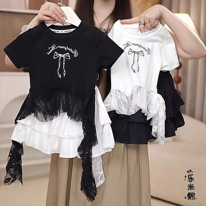 Ensemble été fille 2-10 ans : haut + jupe, costume princesse élégant, nouvelle collection  .