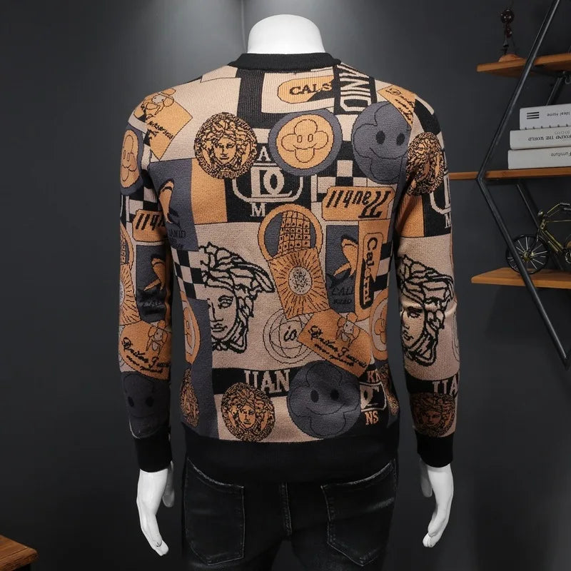 Pull Imprimé Homme Col Rond – Manches Longues, Rétro décontracté, Style Vintage, Haute Qualité, Automne Hiver