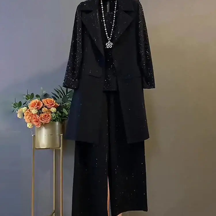 Ensemble Femme Grande Taille 3 Pièces – Veste, Chemise et Pantalon Long Noir avec Strass