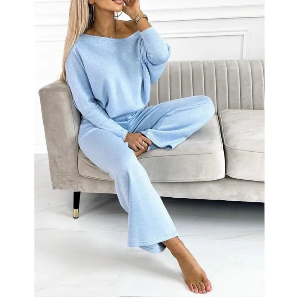 Ensemble Femme 2 Pièces – Pull Manches Longues & Pantalon Décontracté Couleur Unie Chic