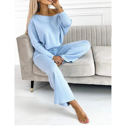 Ensemble Femme 2 Pièces – Pull Manches Longues & Pantalon Décontracté Couleur Unie Chic