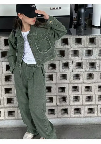 Ensemble de tenues 2 pièces pour filles, veste en jean à la mode, vêtements d'école pour mère et fille, tenues pour adolescents de 12 à 13 ans.